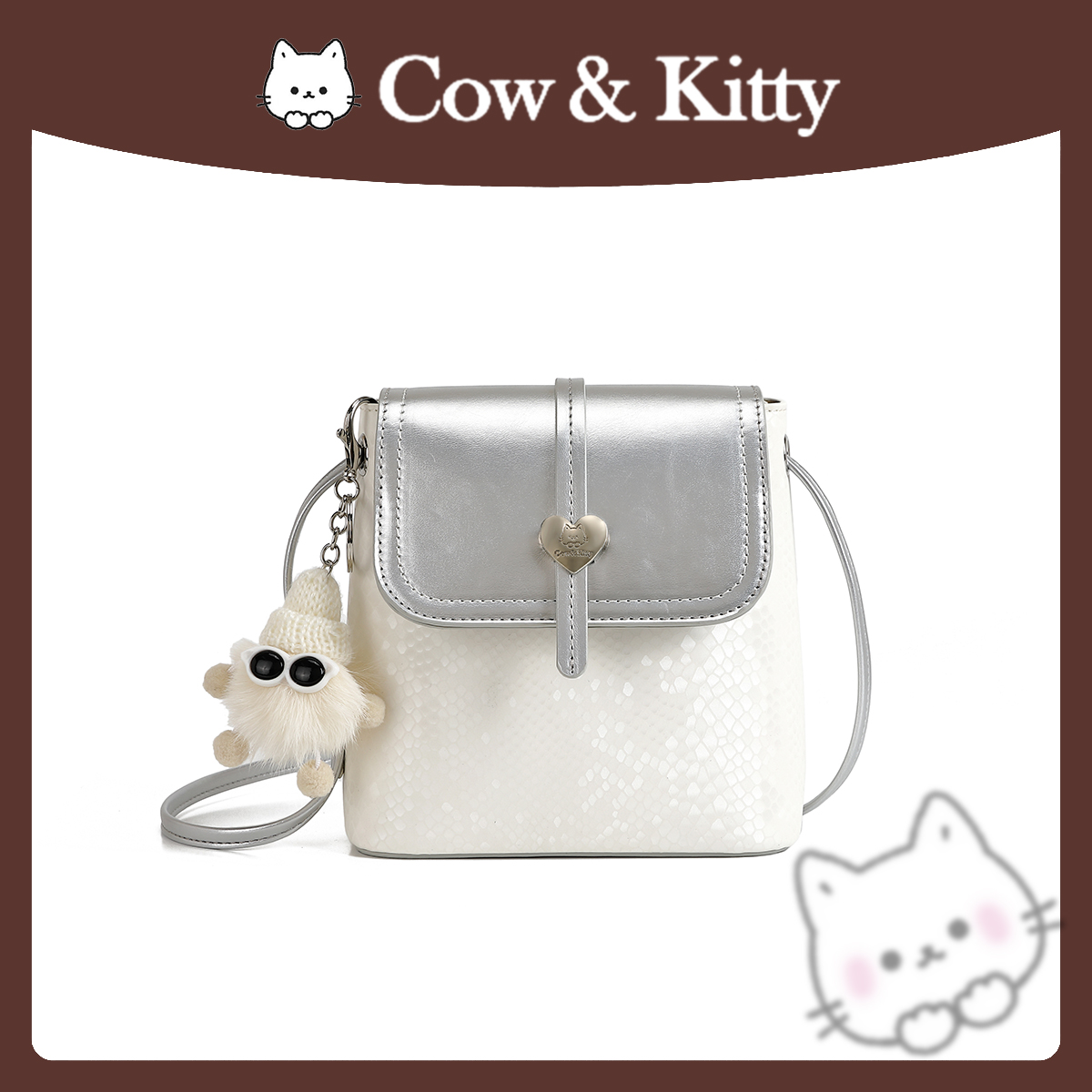 Cow&Kitty/银白色通勤布偶桶包单肩斜挎8002白
