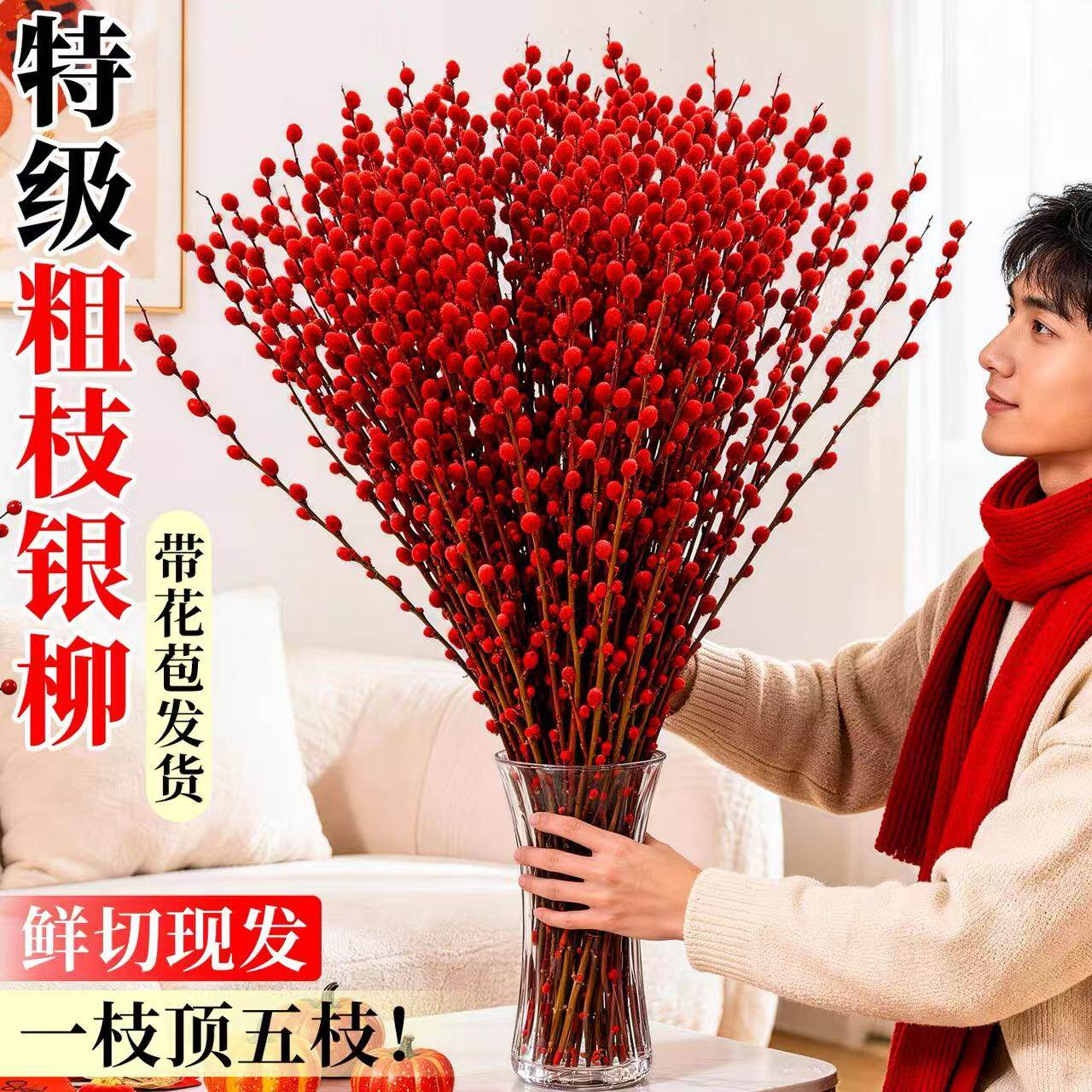 银柳真花鲜枝干花摆件室内水培绿植物新年红福桶招财年宵花卉盆栽