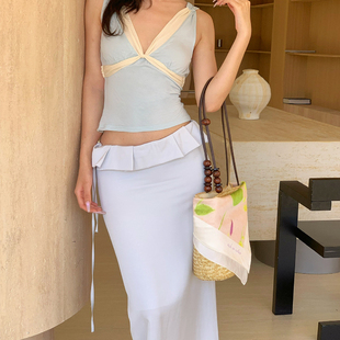 夏季 color 正反两穿v领荡领撞色露背绑带背心上衣 rich