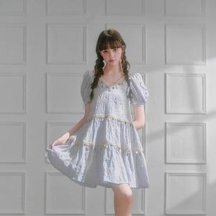 海岛贝壳艺术绳绣蓝条纹连衣裙温柔甜美 GUO JINGYI 25夏季 新品