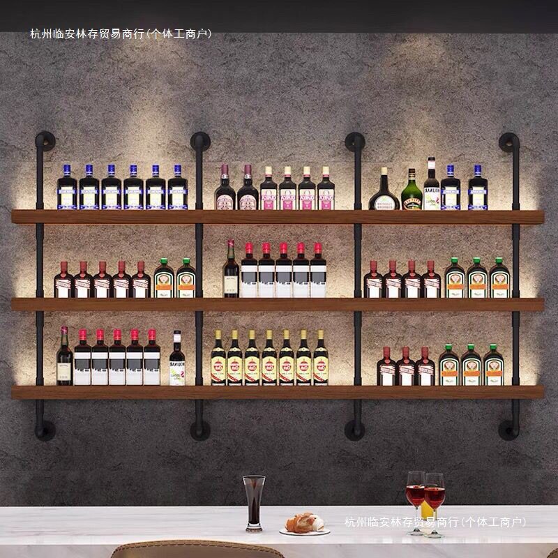 墙上酒架餐厅酒吧烧烤店吧台壁挂式靠墙铁艺多层实木置物架子