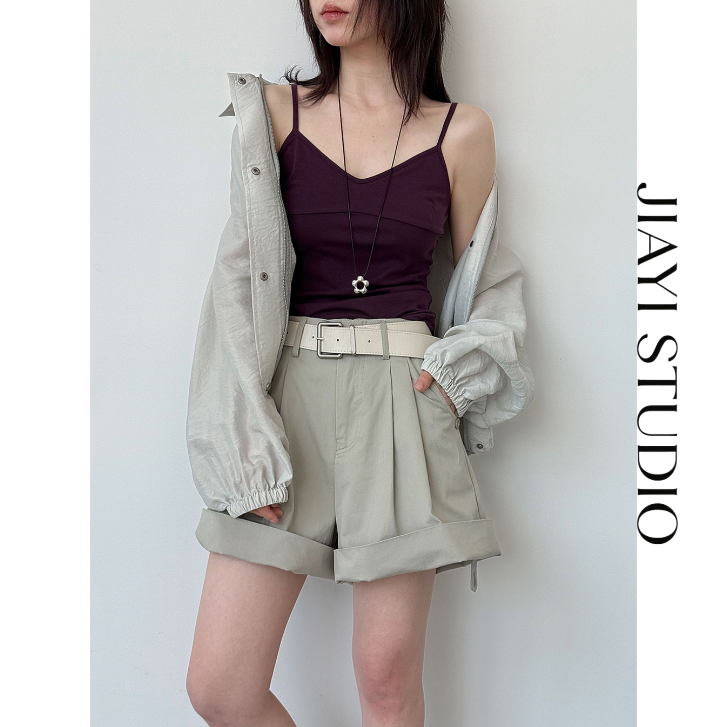 JIAYHI STUDIO高腰压褶工装短裤女夏季百搭卷边阔腿休闲裤短裤