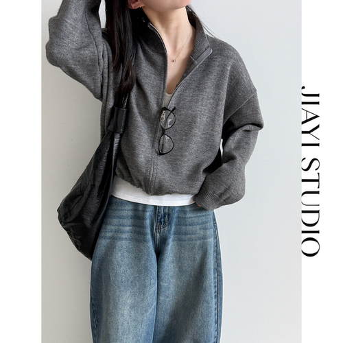 JIAYI STUDIO立领拉链抽绳针织毛衣女26秋新韩系开衫百搭卫衣外套