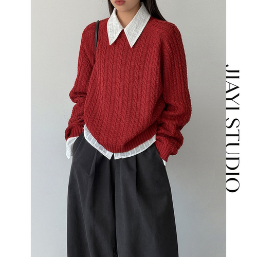 JIAYI STUDIO韩系麻花复古上衣叠穿针织毛衣女秋冬宽松短款上衣