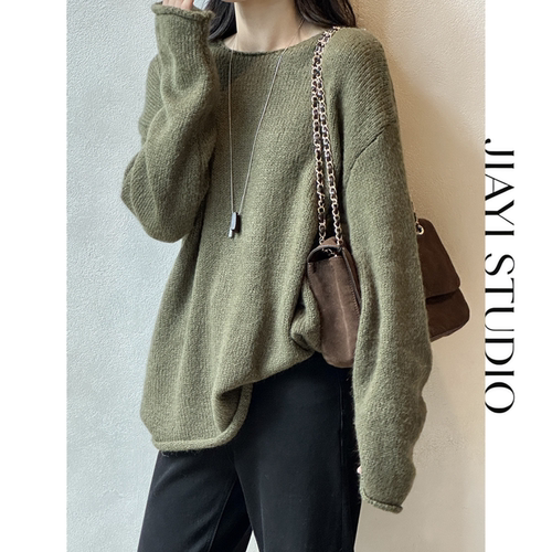 JIAYI STUDIO慵懒风卷边圆领毛衣女秋季宽松软糯落肩长袖针织衫