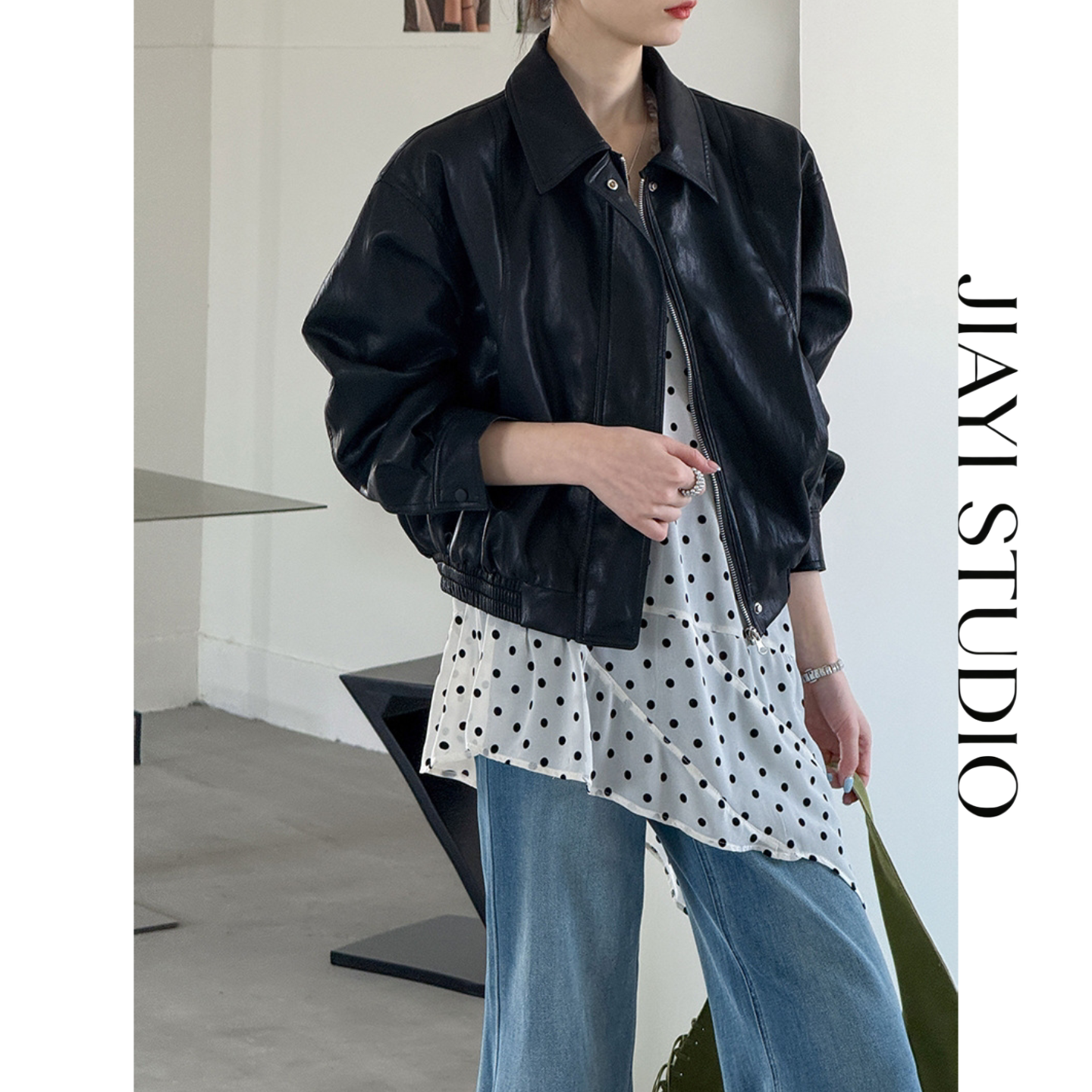 JIAYI STUDIO新款韩版复古翻领拉链皮衣女复古夹克百搭外套皮衣