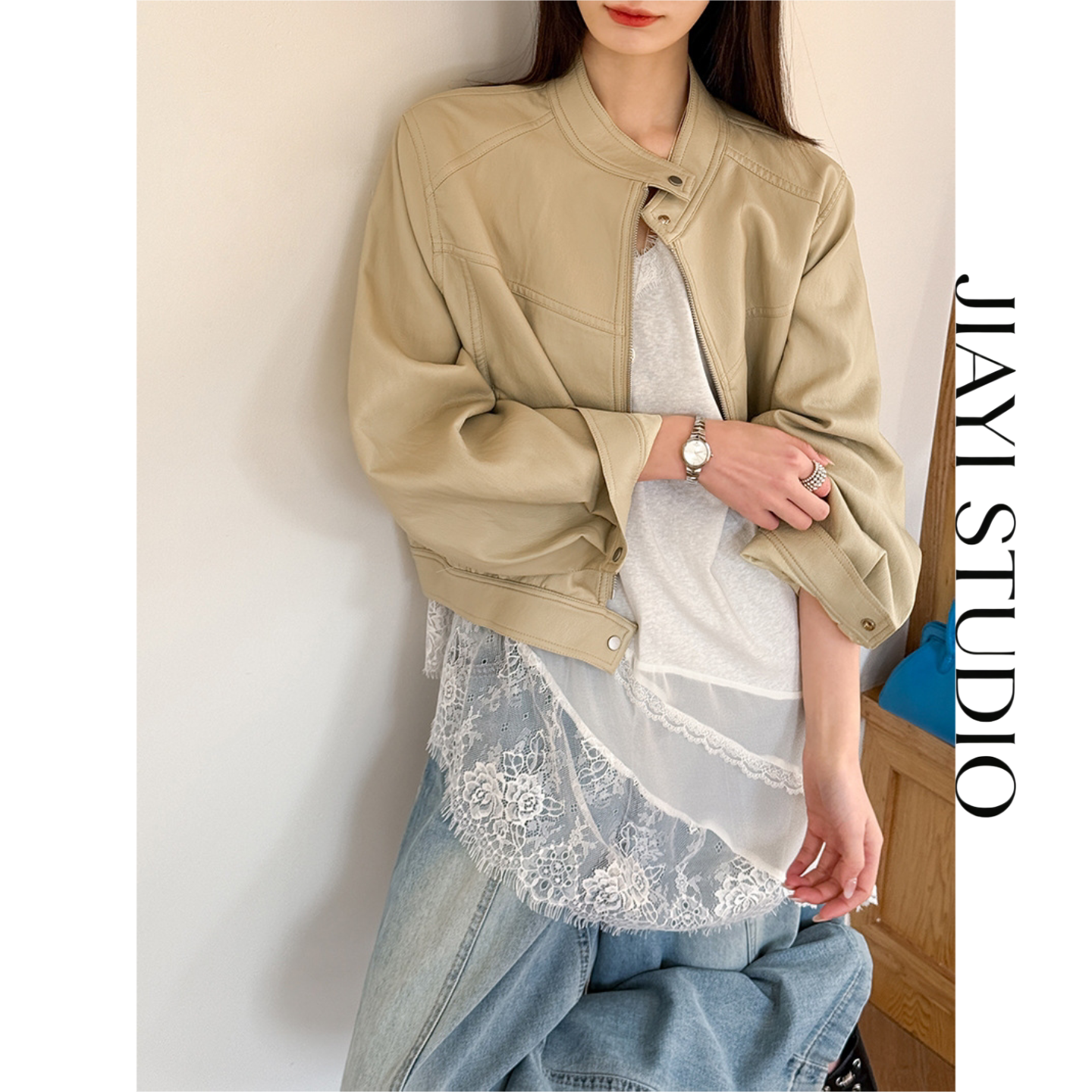JIAYI STUDIO 宽松短款立领PU皮外套女 韩系休闲机车夹克百搭上衣