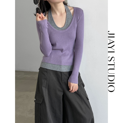 JIAYI STUDIO撞色挂脖假两件针织衫女秋设计感显瘦打底上衣针织衫