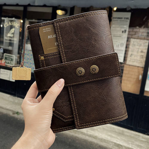 复古棕a6皮质三折手账本手帐笔记