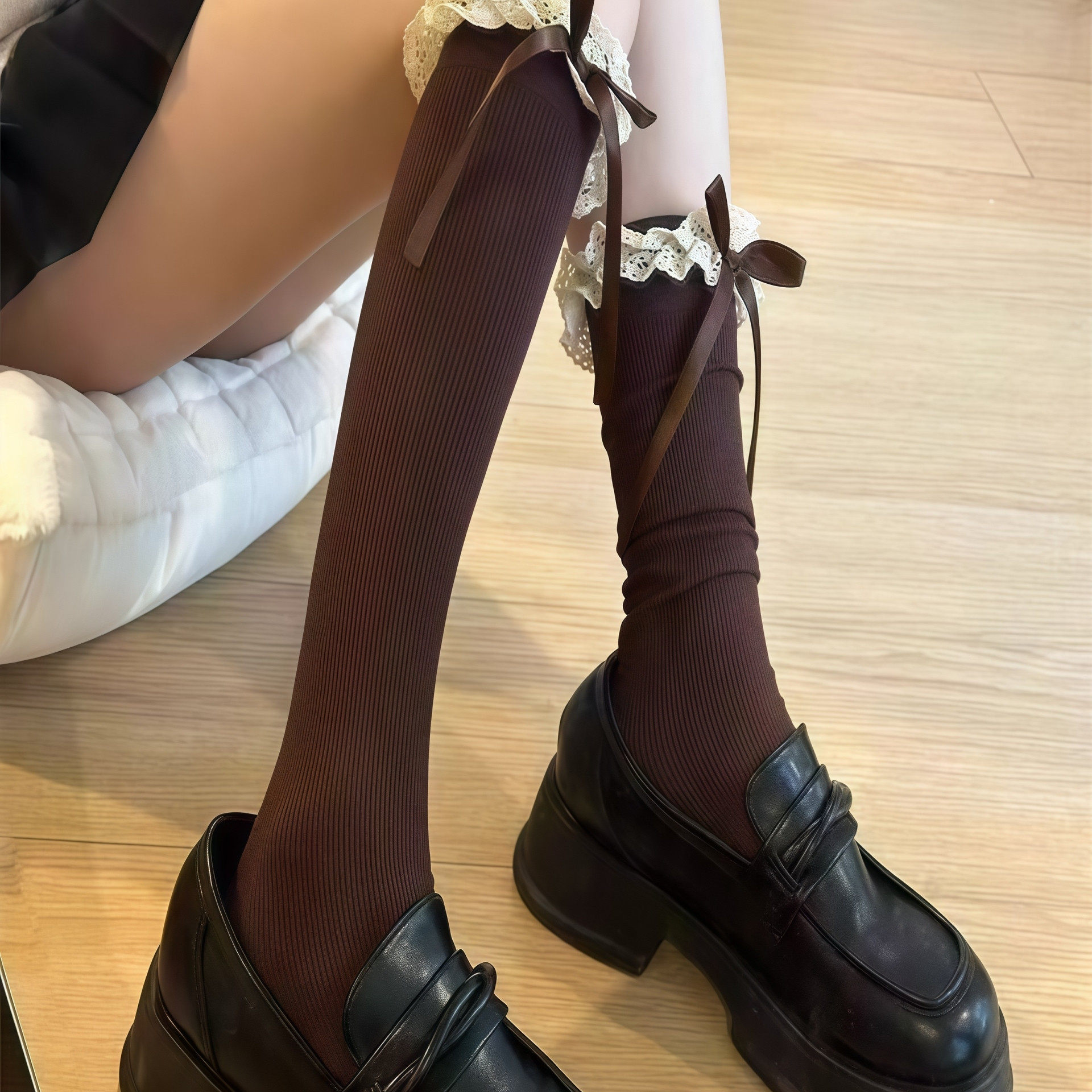 美拉德小腿袜子春秋季蕾丝花边飘带蝴蝶结及膝搭配咖色堆堆袜N