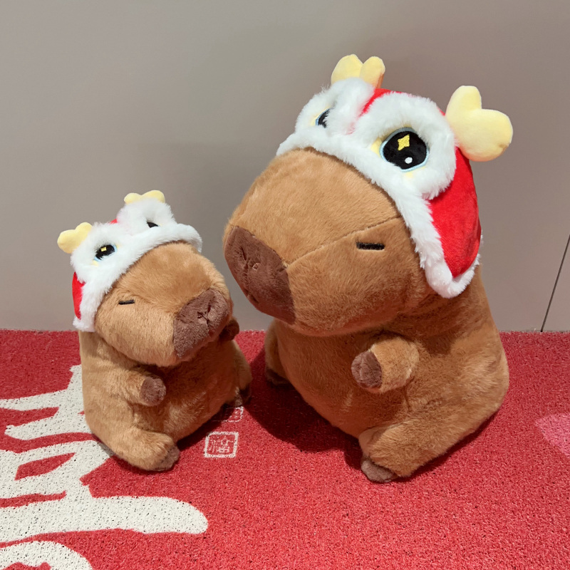 卡通太阳花卡皮巴拉公仔戴醒狮帽水豚鼠毛绒玩具玩偶儿童生日礼物