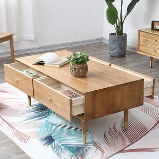 茶几 客厅边机电视柜组合茶几带抽屉 实木茶几白橡木色铜脚咖啡桌