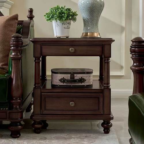 美式复古胡桃色沙发边几小户型客厅实木方几卧室床头柜床边柜