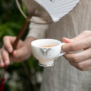 羊脂玉茶杯白瓷品茗杯带把t防烫陶瓷小茶碗功夫茶具主人单杯个人