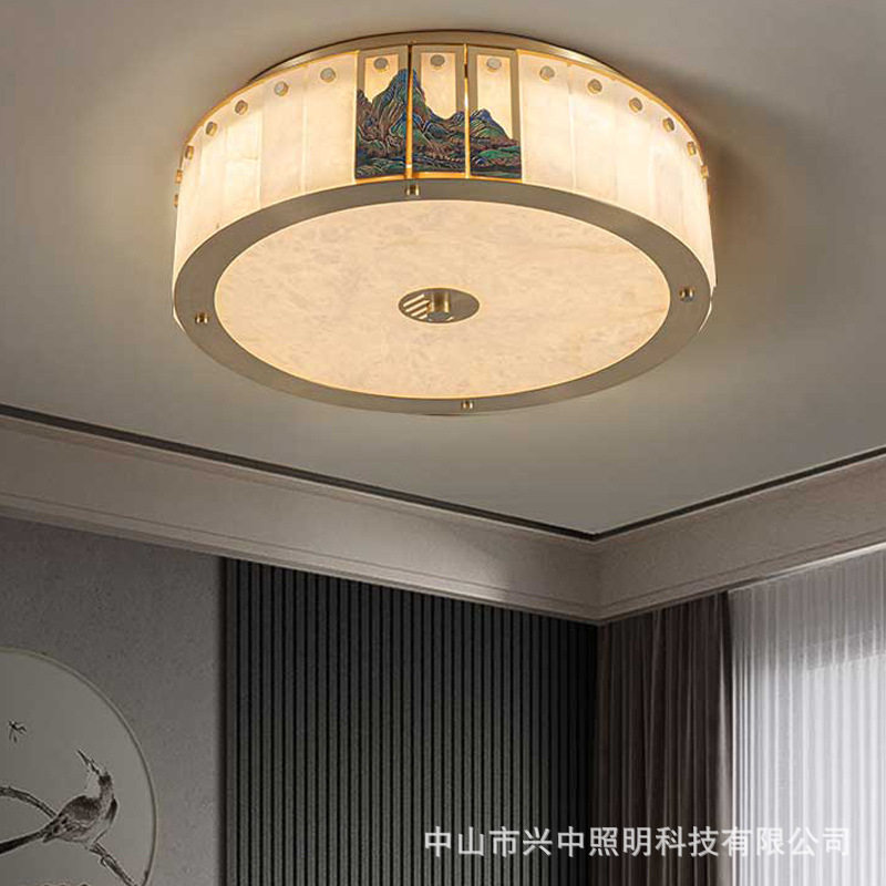 新中式轻奢全铜云石圆形吸顶灯