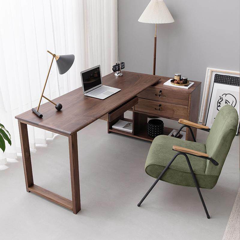 北欧黑胡桃木台式电脑桌现代书桌书柜一体转角实木写字办公桌收纳