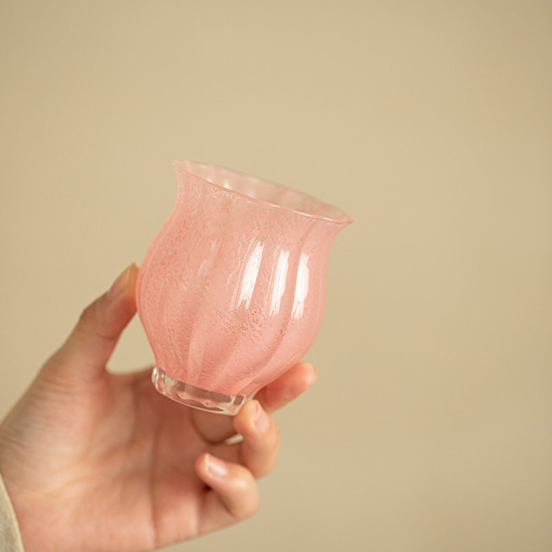 手工水晶玻璃粉色琉璃茶杯陶瓷茶具花瓣主人杯女生水仙杯品茗杯