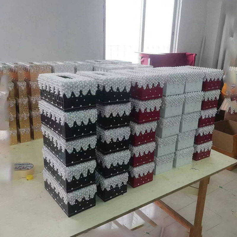 轻奢皮质镶钻贴钻珍珠创意贴钻珍珠纸巾抽纸盒家用纸抽盒欧式客厅