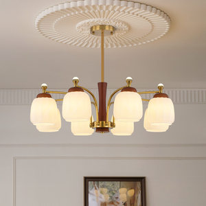 实木胡桃桃木木色美式中古客厅复古书房灯卧室古风风吊灯灯餐厅奶