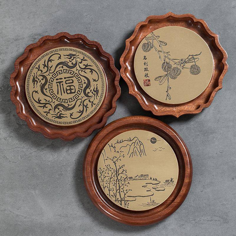 花梨木铜片养壶托底座圆形茶承杯垫紫砂茶壶垫干泡小盘茶道零配件