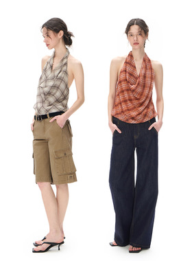 call it a day橘色格纹/咖色格纹荡领挂脖吊带女宽松露背雪纺上衣