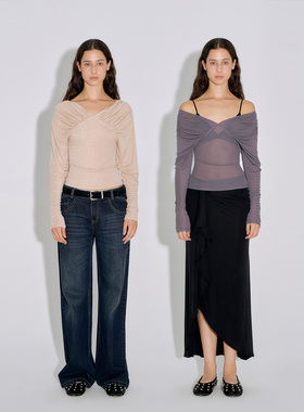 call it a day 沙色/灰（偏紫）V领羊腿袖修身T恤一字肩两穿上衣