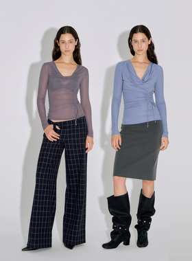 call it a day 灰蓝色莫代尔荡领抽绳褶皱长袖修身T恤上衣女秋