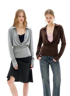 call it a day棕色/灰色V领假两件围裹T恤女收腰撞色长袖翻领上衣