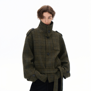灰绿格纹立领翻领羊毛廓形夹克感短大衣落肩袖 call day 外套
