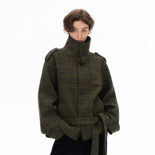 call it a day 灰绿格纹立领翻领羊毛廓形夹克感短大衣落肩袖外套