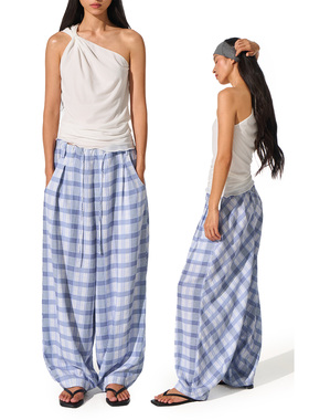 call it a day  蓝色格纹松紧腰宽松休闲长裤女斜裁拖地气球裤夏