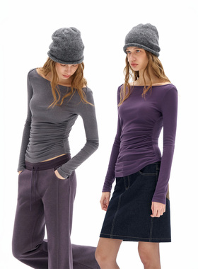 call it a day 灰色/紫色船领褶皱修身长袖T恤显瘦打底衫短上衣女