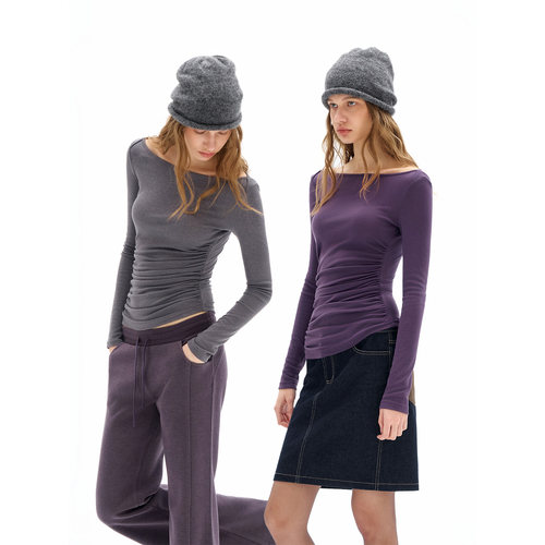 call it a day 灰色/紫色船领褶皱修身长袖T恤显瘦打底衫短上衣女