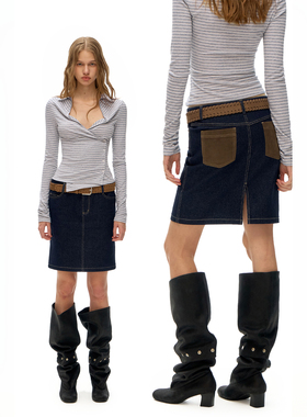 call it a day 复古原牛色低腰明线棉质直筒牛仔裙麂皮贴袋半身裙