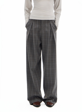 call it a day 灰色格纹压褶低腰直筒西装裤复古休闲宽松拖地长裤