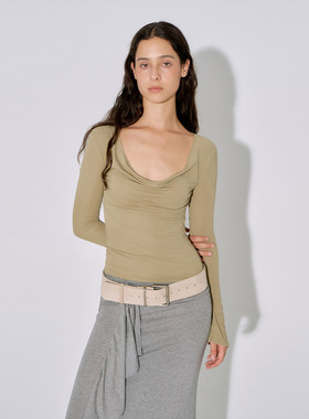 call it a day 卡其绿/黑色天丝莫代尔荡领修身针织T恤显瘦打底衫