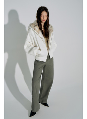 call it a day 白色拼毛毛领宽松连帽卫衣女230g奥粒绒保暖外套秋