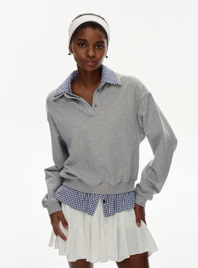 call it a day 花灰色polo领假两件套头卫衣撞色长袖上衣女