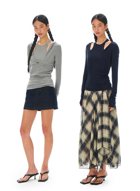 call it a day 藏青/花灰色莱赛尔V领假两件背心上衣微透长袖T恤