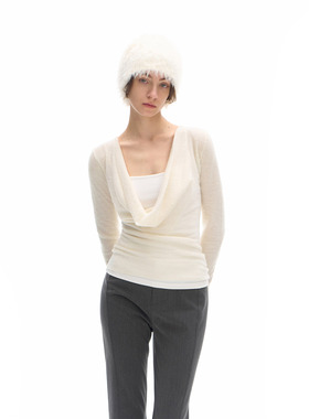 call it a day 白色/杏色羊毛荡领微透针织上衣修身小众长袖毛衣