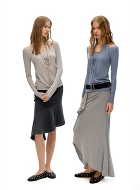 call it a day灰蓝色/简约灰天丝莫代尔假两件挂脖针织修身打底衫