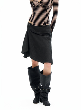 call it a day 黑色肌理低腰A字不规则鱼尾半身裙宽腰头高智中裙