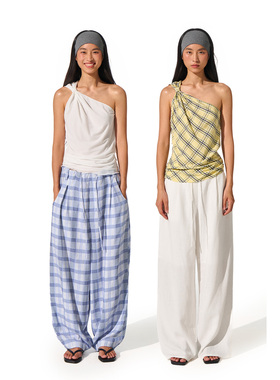 call it a day  白色/黄色格纹斜肩修身背心上衣女单肩露背吊带夏