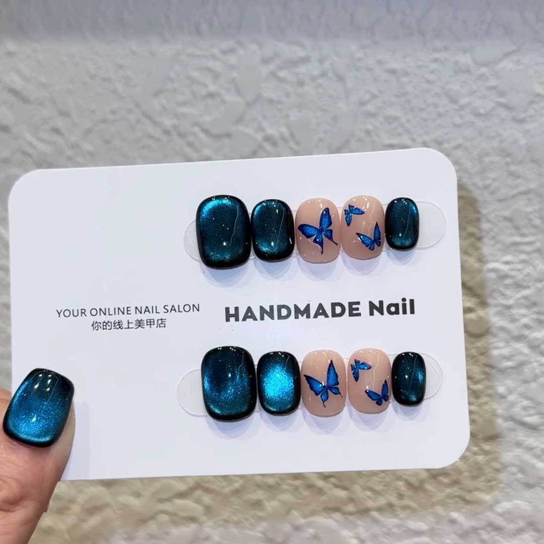 【蓝蝴蝶】ins风纯手工穿戴甲高级感短款豆豆甲美甲贴片假指甲片