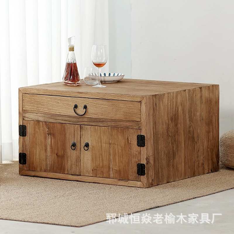 日式老榆木飘窗桌榻榻米收纳箱茶台收纳柜简约边柜卧室炕桌