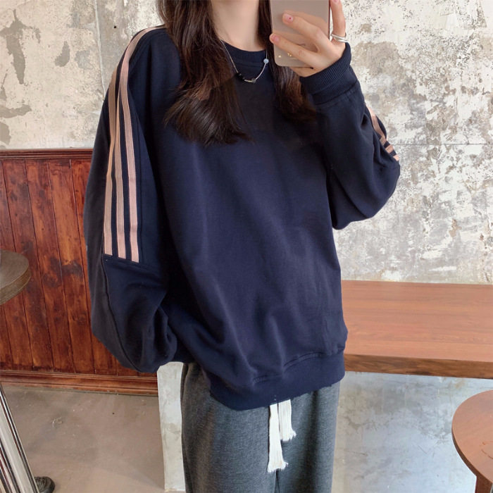 College Stripes Patchwork Loose Sweatshirt Women's Clothes Long sleeves Korean Style Sweatshirt Outwear Women's Gray 2024 Autum