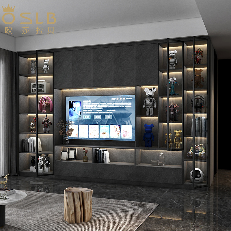 轻奢实木手办展示柜电视柜组合墙柜玻璃门储物柜客厅多功能背景柜