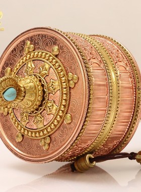 亚青铜手摇转轮实木手柄转简经桶平底十字金刚杵藏族手持转转金筒