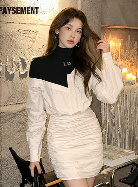 Le Depaysement高领不对称领拼色衬衫裙女修身收腰气质减龄女神范