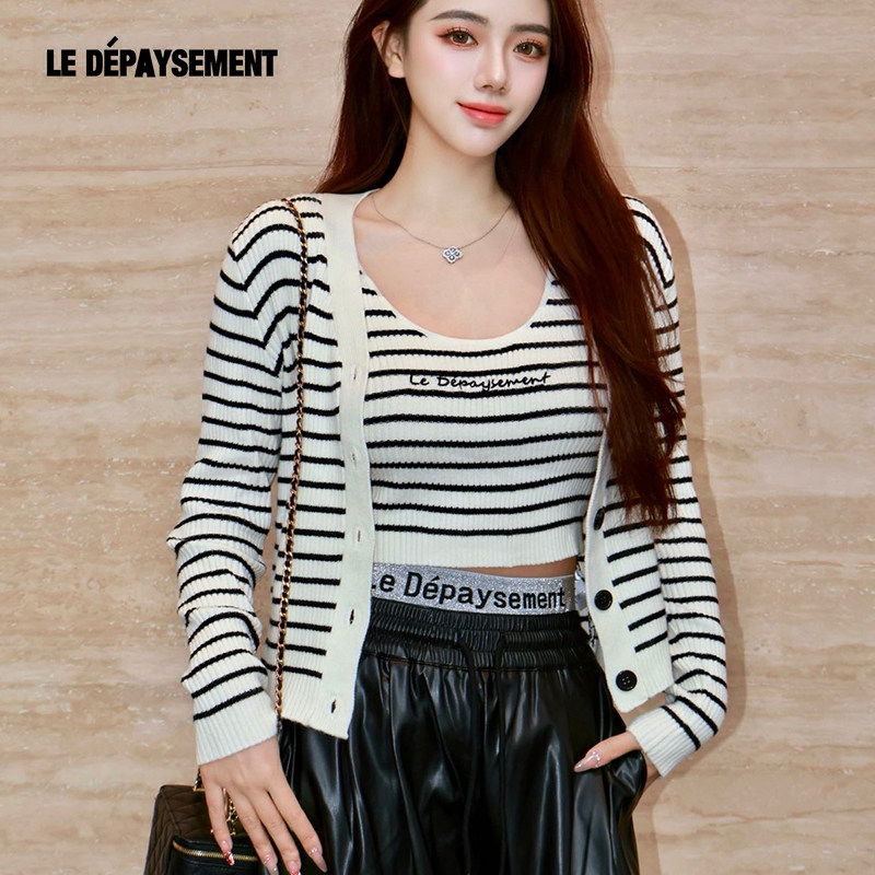 Le Depaysement条纹针织开衫吊带背心两件套修身显瘦百搭针织衫女